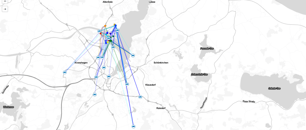 Karte von Kiel und Umgebung mit GPS-Positionen und den LoRaWAN-Gateways, die erreicht wurden - quer über die Förde und durch die ganze Stadt