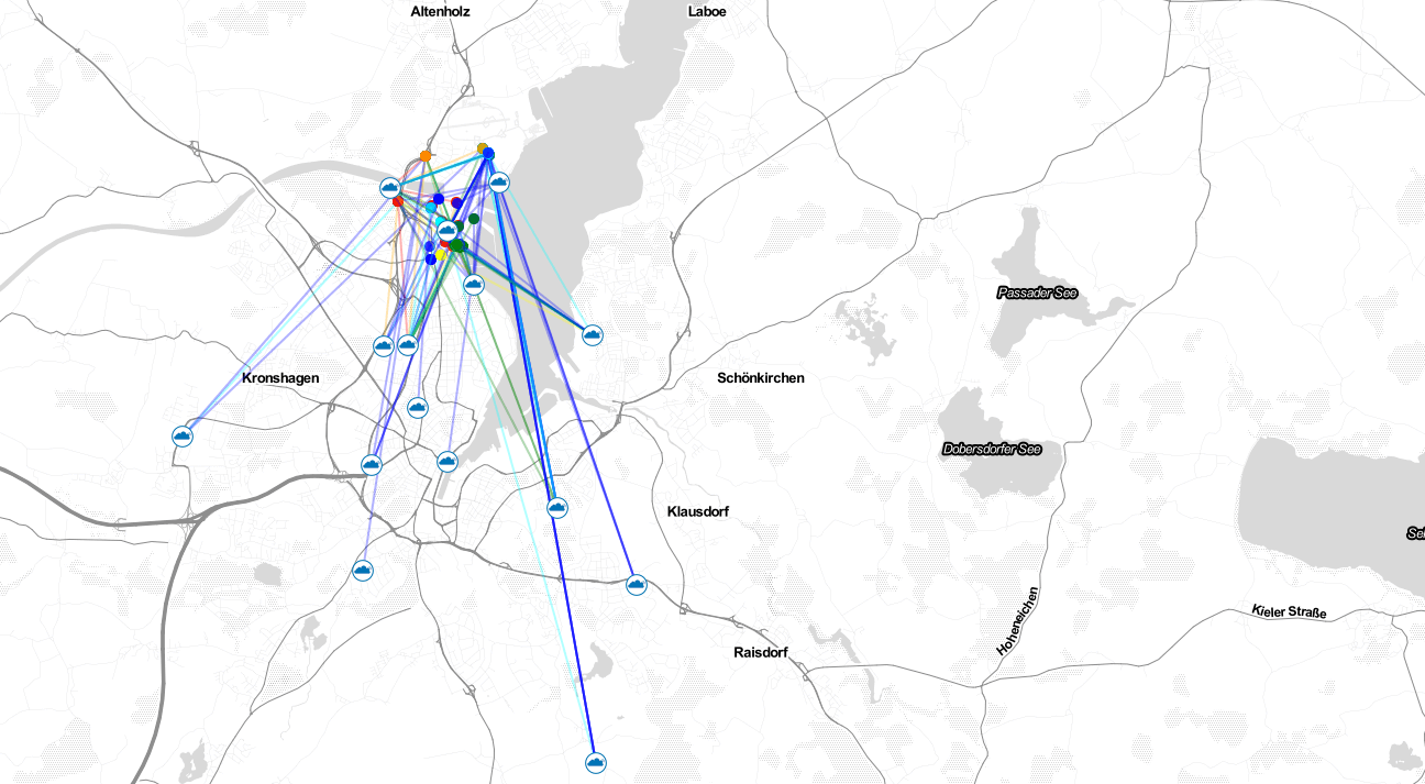 Karte von Kiel und Umgebung mit GPS-Positionen und den LoRaWAN-Gateways, die erreicht wurden - quer über die Förde und durch die ganze Stadt